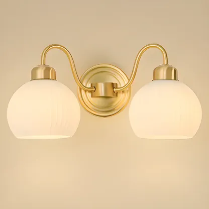 Modern Brass Wall Sconce with Dual Vitreous Bowl Shades Image - 3