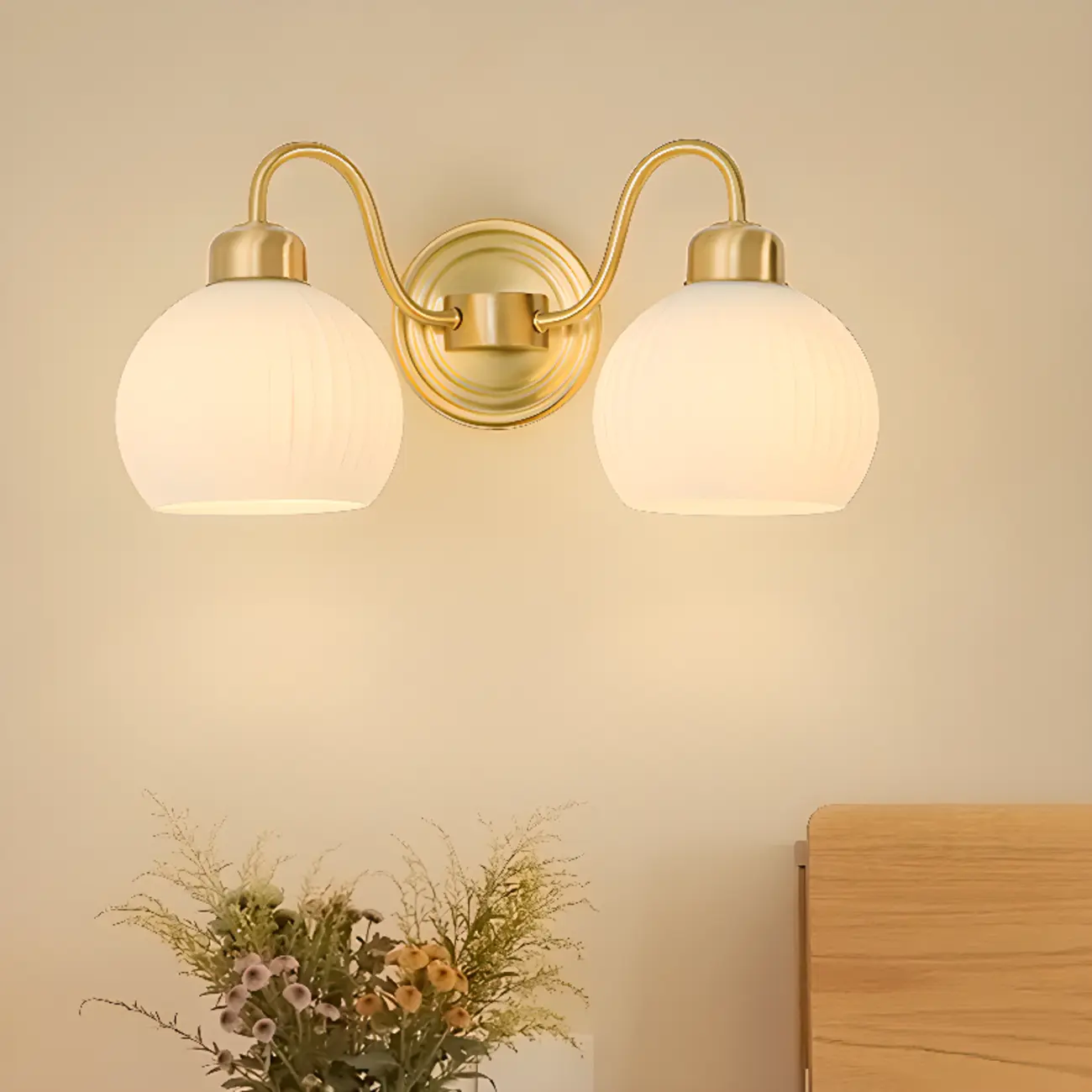 Modern Brass Wall Sconce with Dual Vitreous Bowl Shades Image - 1 | homeyfad