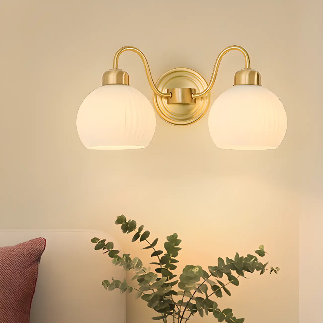 Modern Brass Wall Sconce with Dual Vitreous Bowl Shades Image - 2 | homeyfad