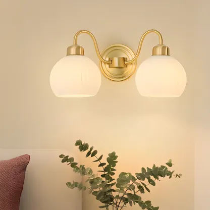 Modern Brass Wall Sconce with Dual Vitreous Bowl Shades Image - 2
