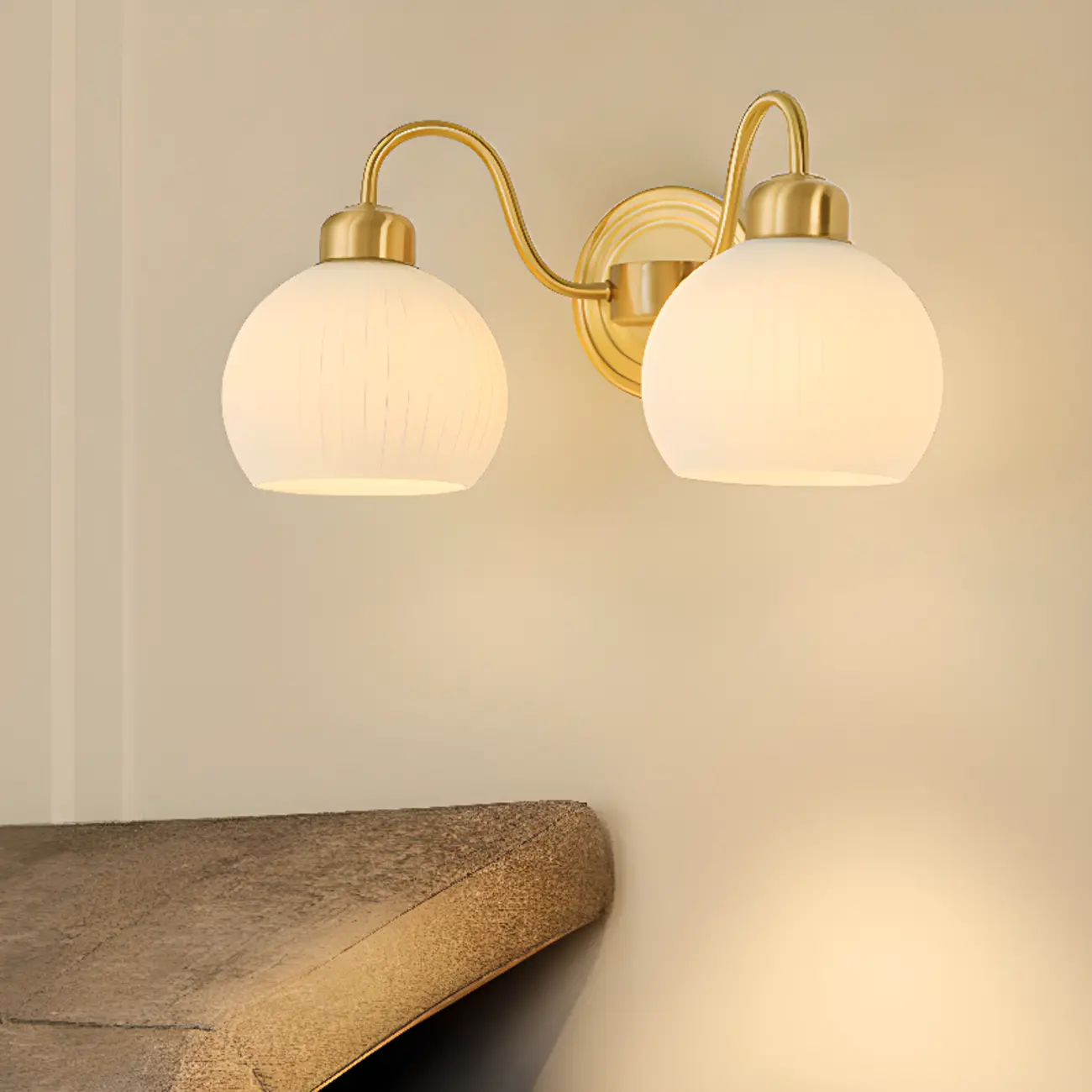 Modern Brass Wall Sconce with Dual Vitreous Bowl Shades Image - 4 | homeyfad