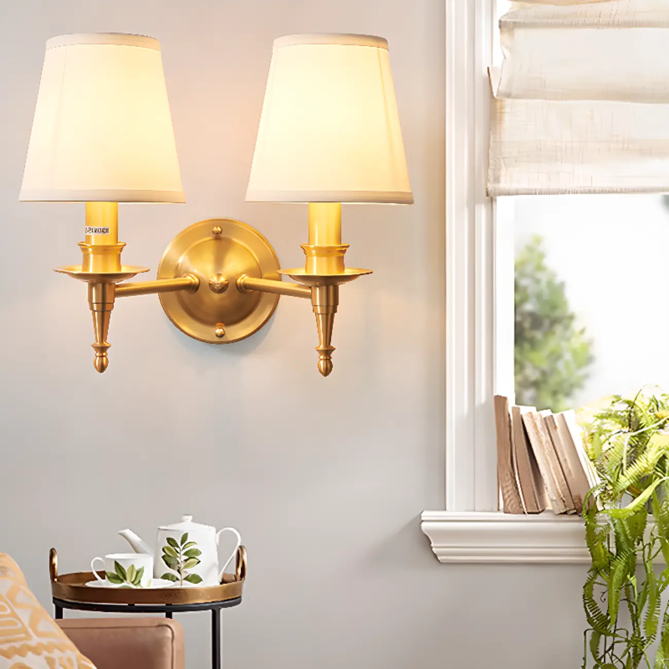 Traditional White Fabric Shade Golden Wall Sconce Image - 2 | homeyfad