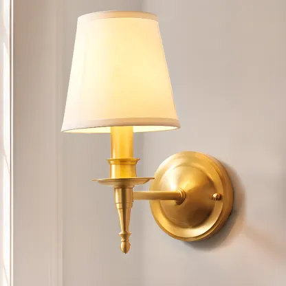 Traditional White Fabric Shade Golden Wall Sconce Image - 3