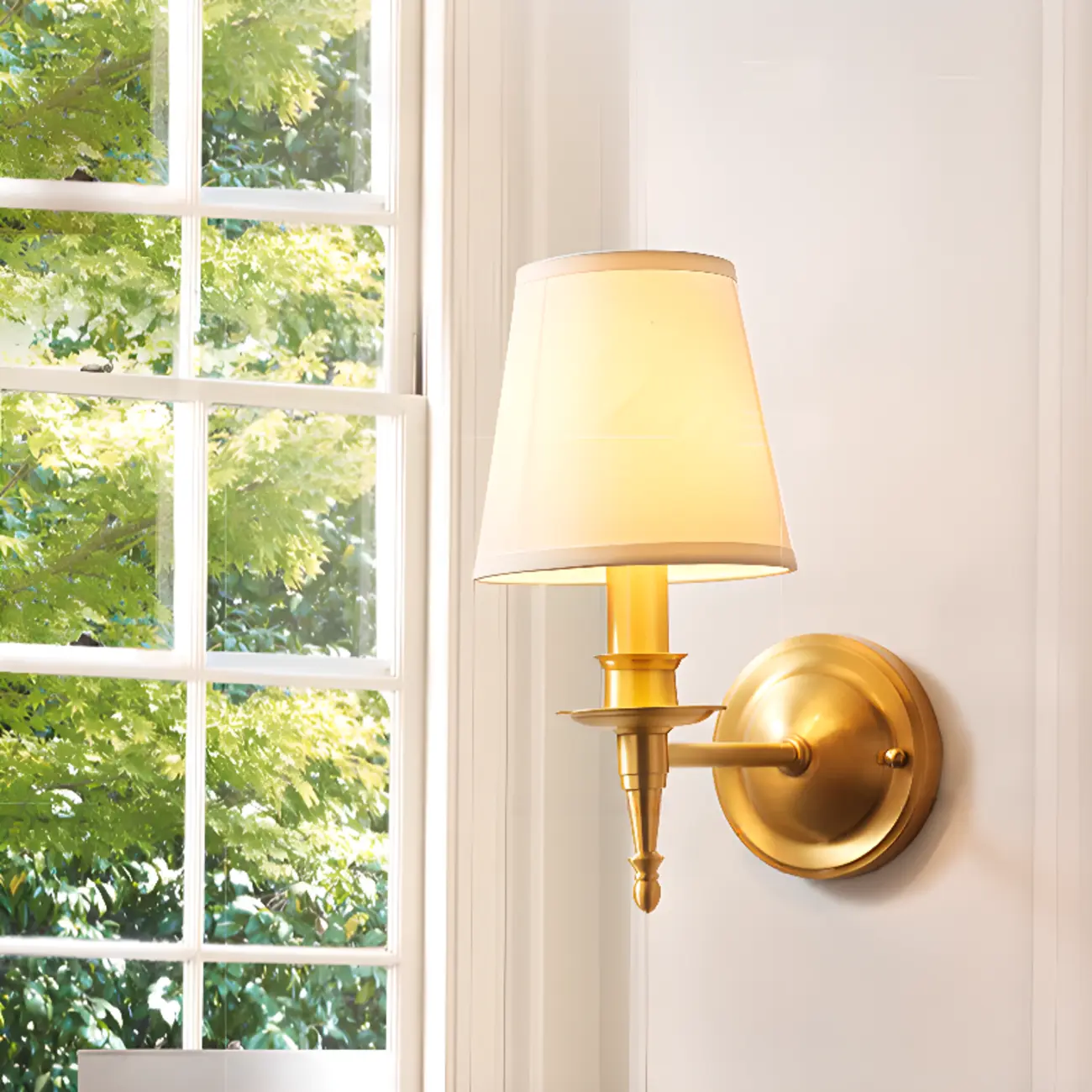 Traditional White Fabric Shade Golden Wall Sconce Image - 1 | homeyfad