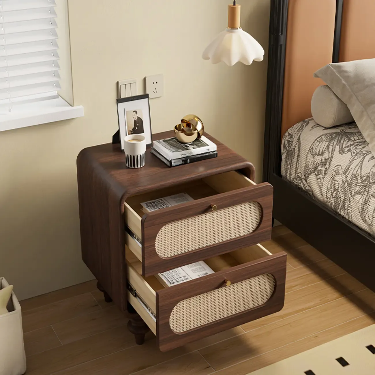 Mid Century Modern Wood Small 2-drawer Nightstand With Legs Image - 4