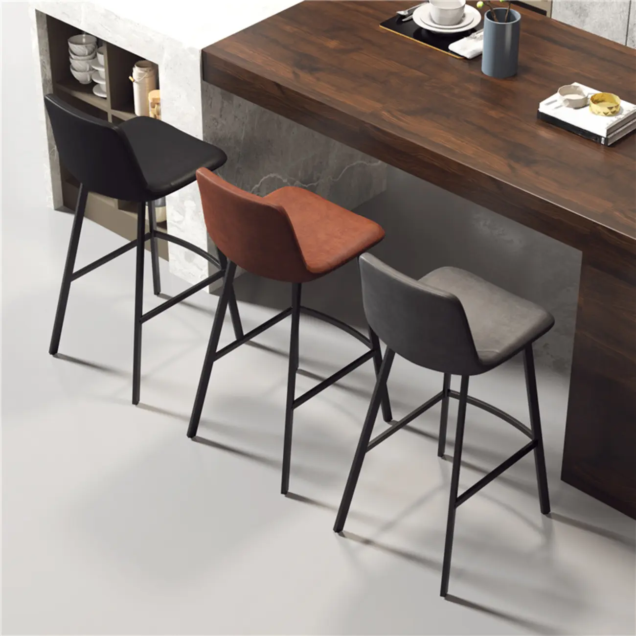 Modern Metal Cushioned Bar Stool with Backrest Image - 3 | homeyfad