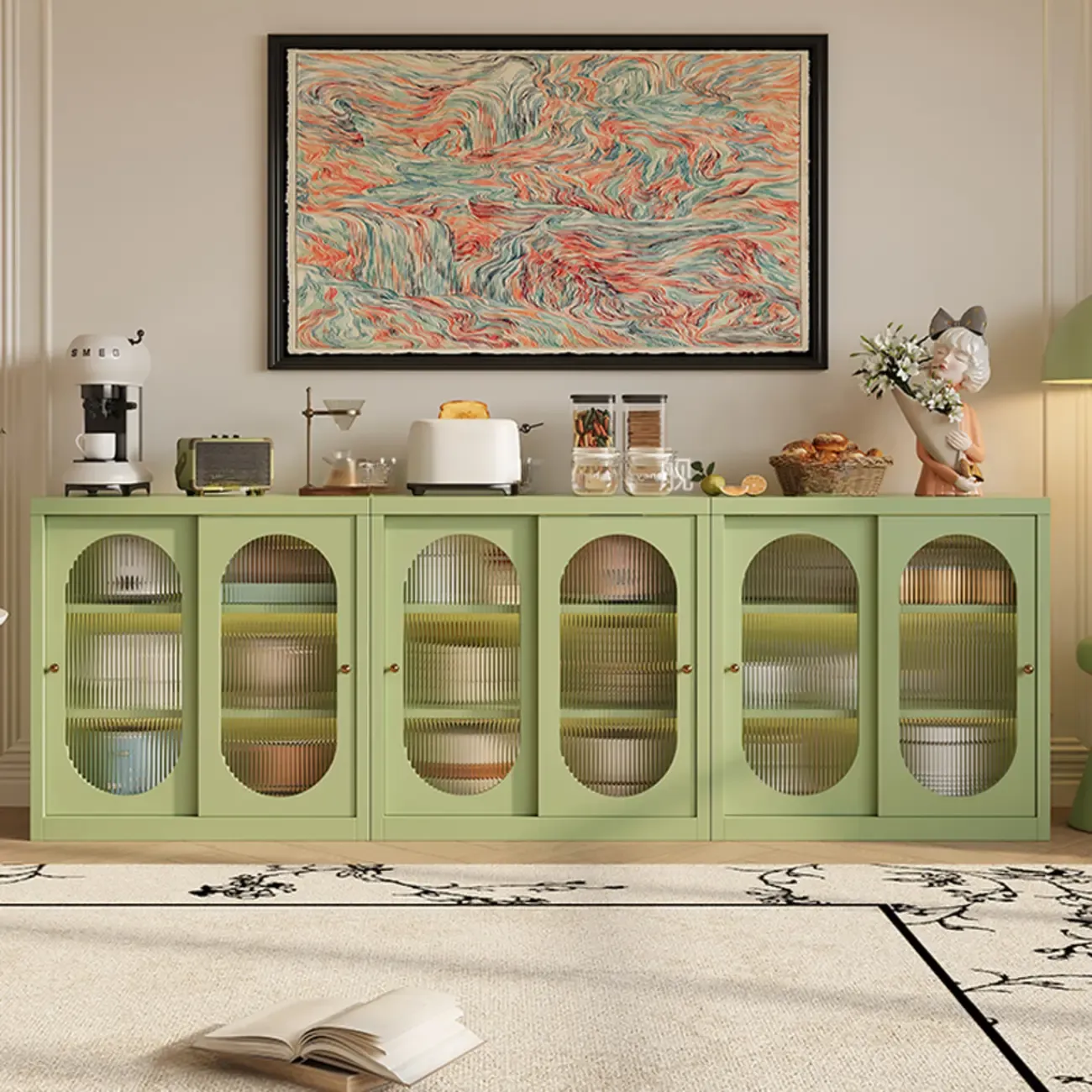 Narrow Green Storage Sideboard with Glass Doors Image - 1