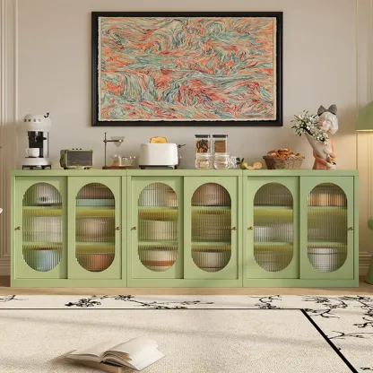 Narrow Green Storage Sideboard with Glass Doors Image - 1