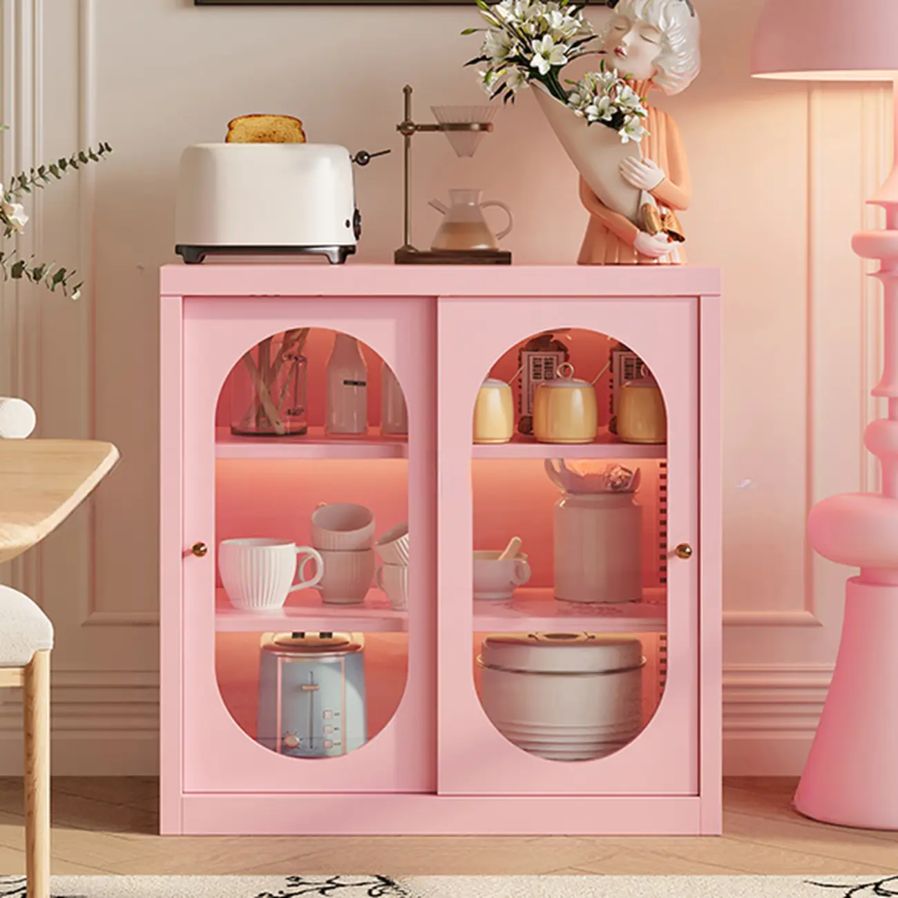 Narrow Green Storage Sideboard with Glass Doors Image - 4 | homeyfad