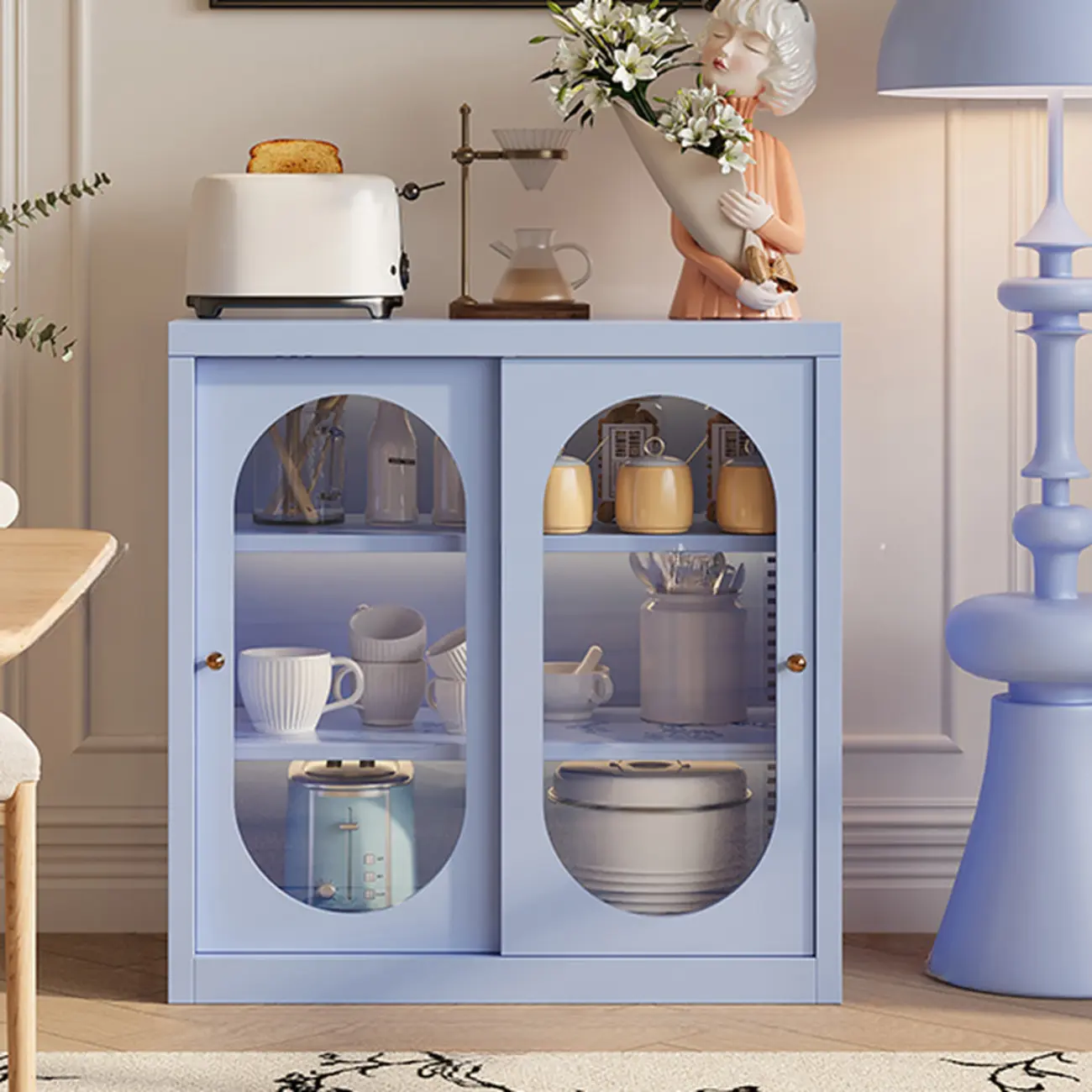 Narrow Green Storage Sideboard with Glass Doors Image - 5 | homeyfad