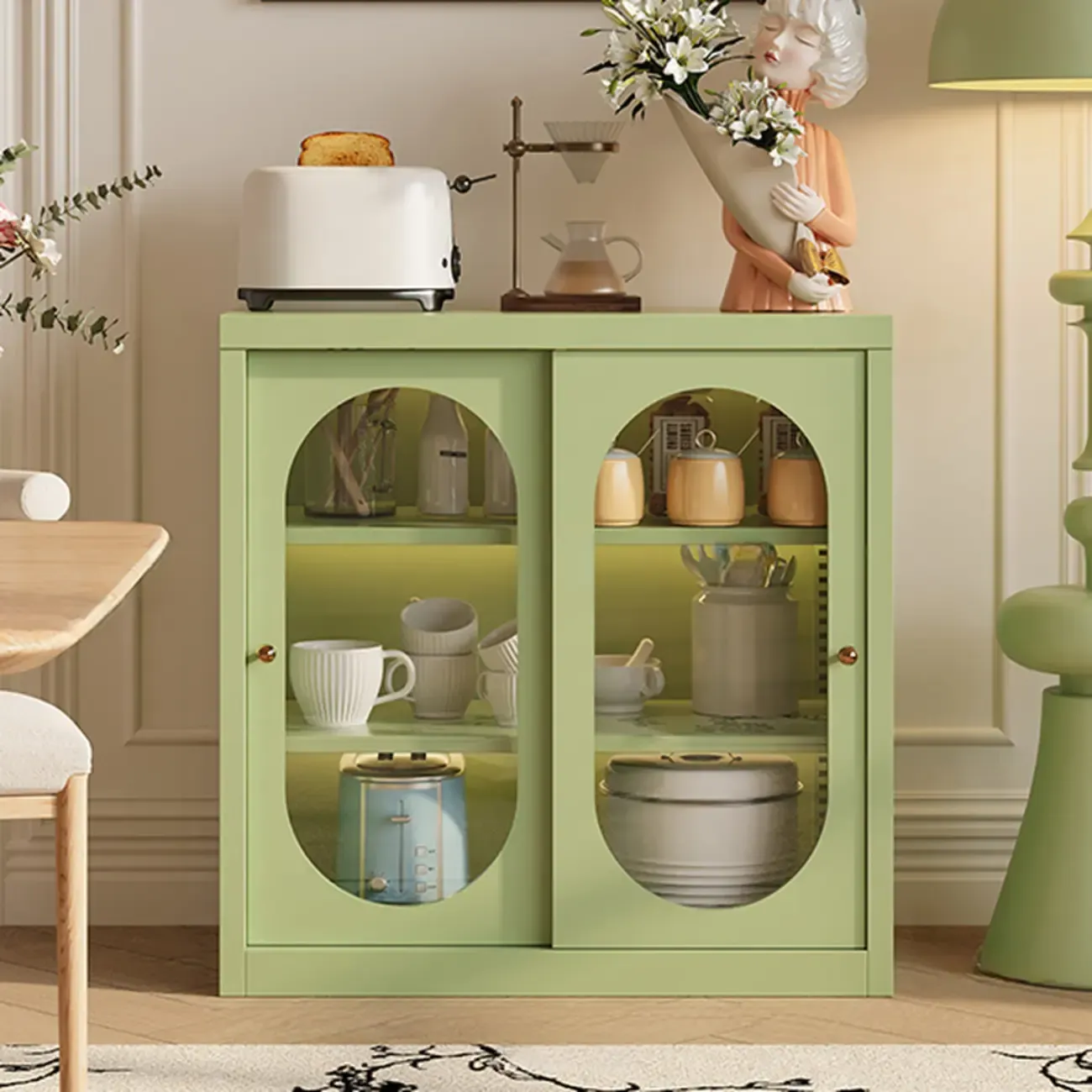 Narrow Green Storage Sideboard with Glass Doors Image - 6
