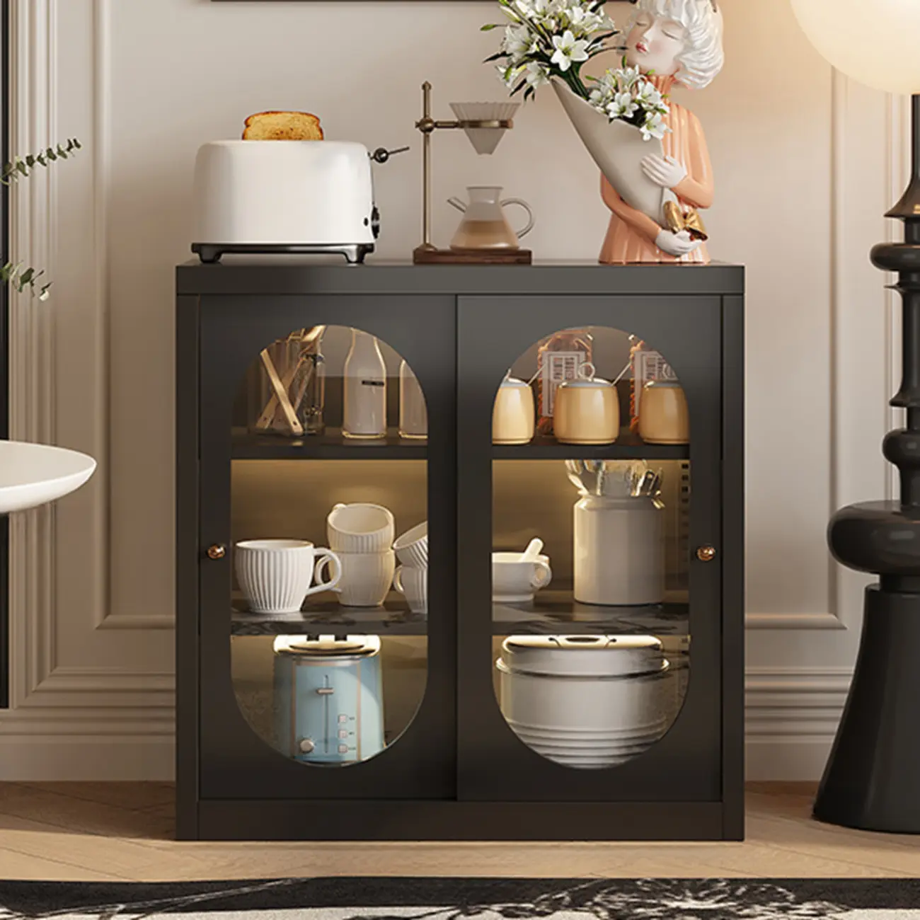 Narrow Green Storage Sideboard with Glass Doors Image - 7 | homeyfad