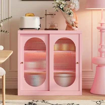 Narrow Green Storage Sideboard with Glass Doors Image - 11