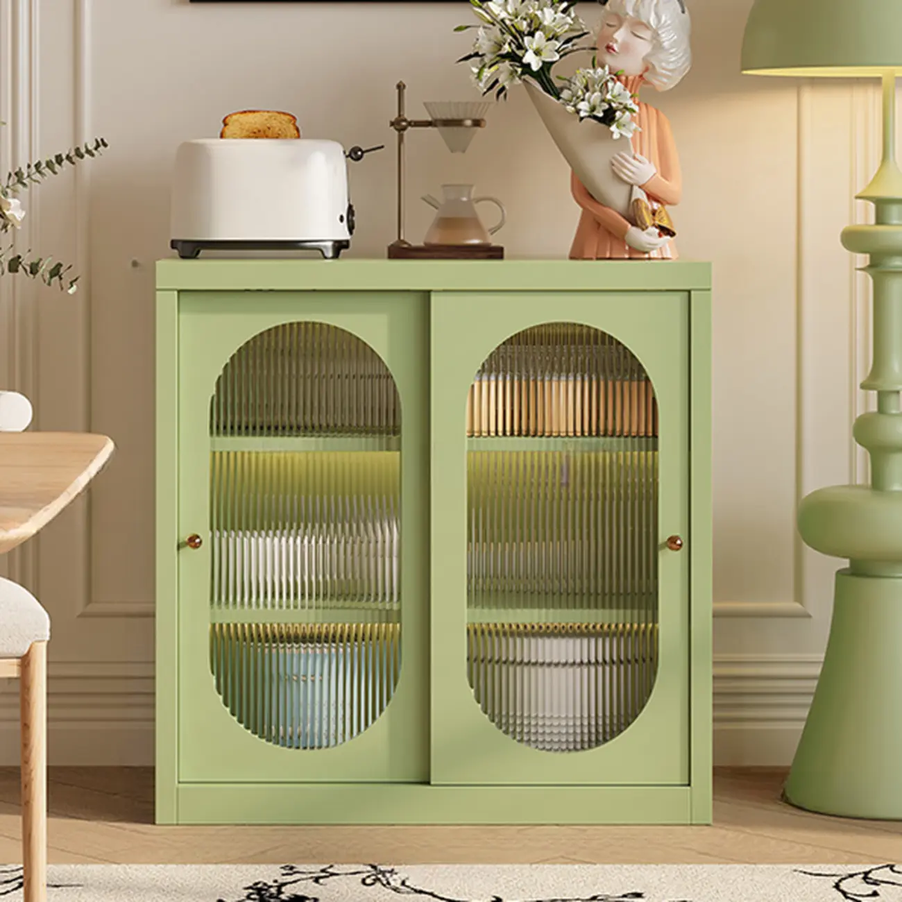 Narrow Green Storage Sideboard with Glass Doors Image - 13 | homeyfad