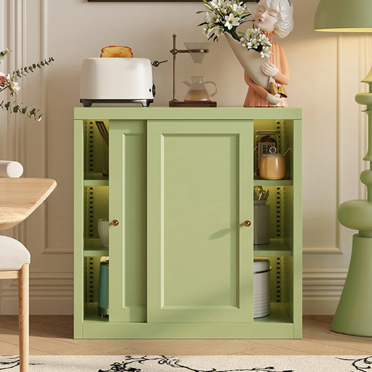Narrow Green Storage Sideboard with Glass Doors Image - 19 | homeyfad