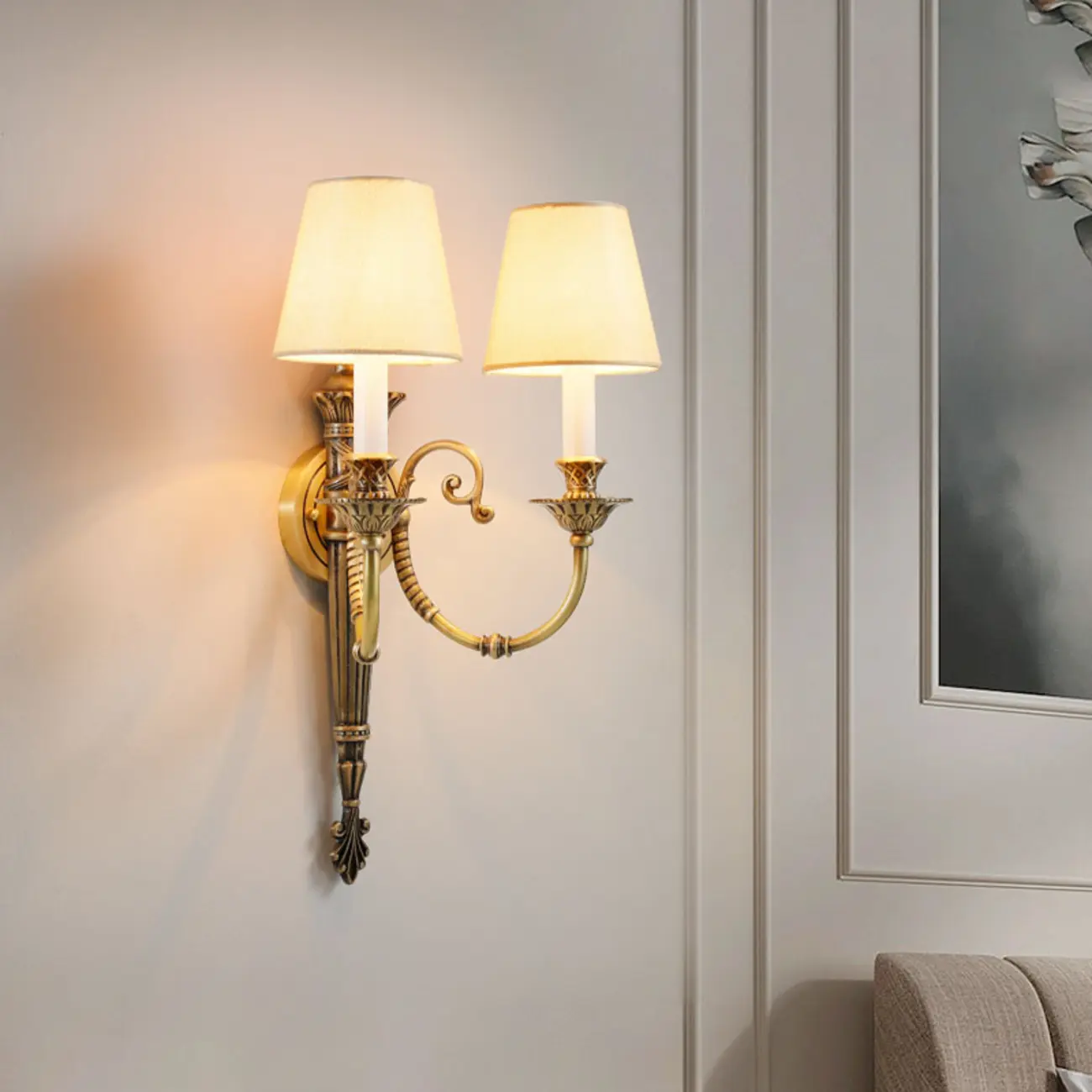 Geometric Vintage Dual Arm Brass Fabric Wall Sconce for Indoor   Image - 4 | homeyfad