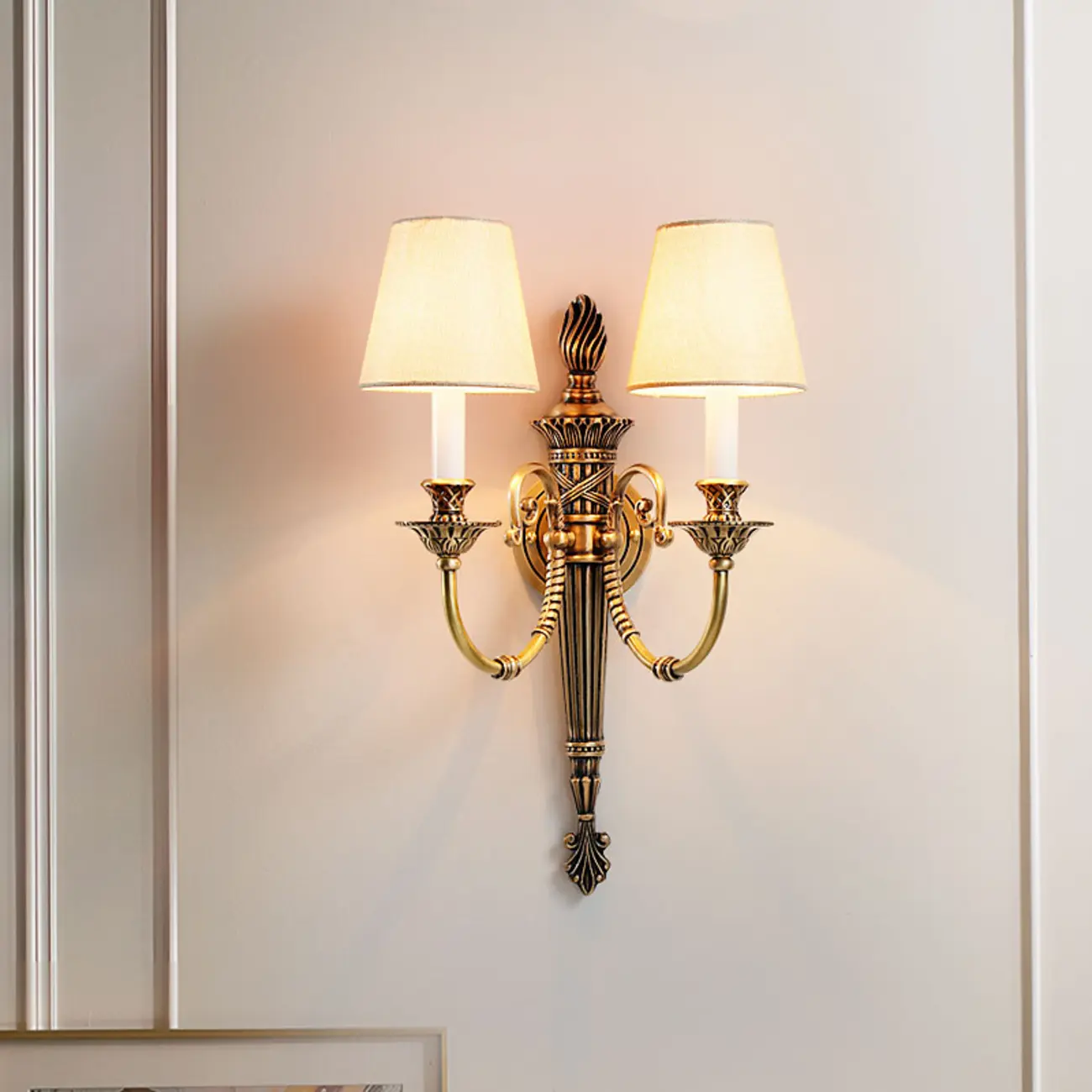 Geometric Vintage Dual Arm Brass Fabric Wall Sconce for Indoor   Image - 5 | homeyfad