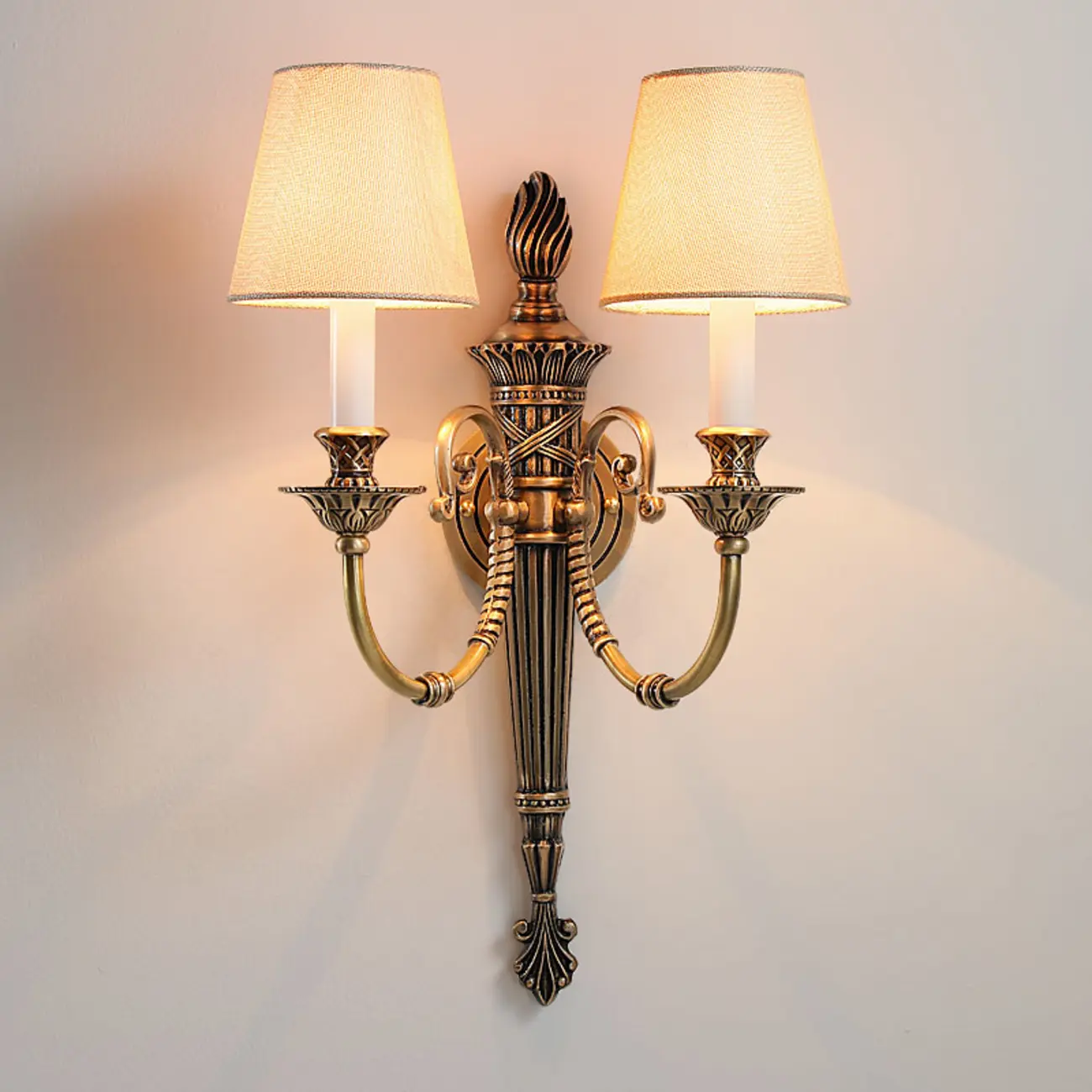 Geometric Vintage Dual Arm Brass Fabric Wall Sconce for Indoor   Image - 2 | homeyfad