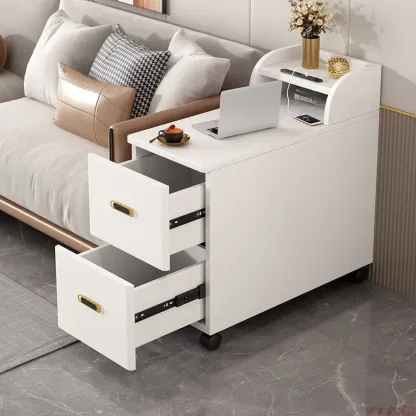 Narrow Rolling White 2-Drawer End Table with USB Charge Image - 1