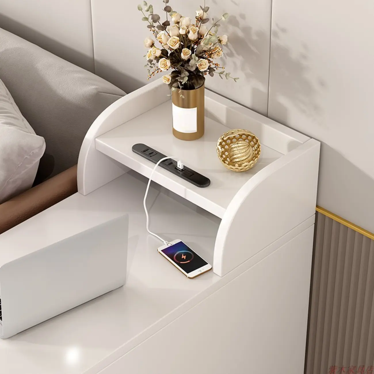 Narrow Rolling White 2-Drawer End Table with USB Charge Image - 5 | homeyfad