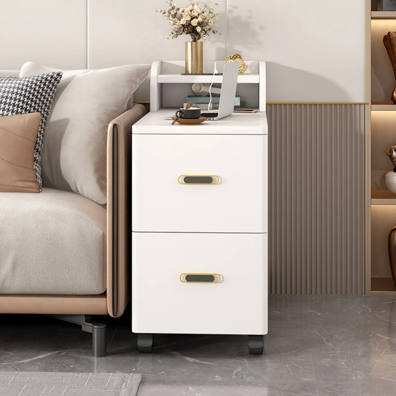 Narrow Rolling White 2-Drawer End Table with USB Charge Image - 3 | homeyfad