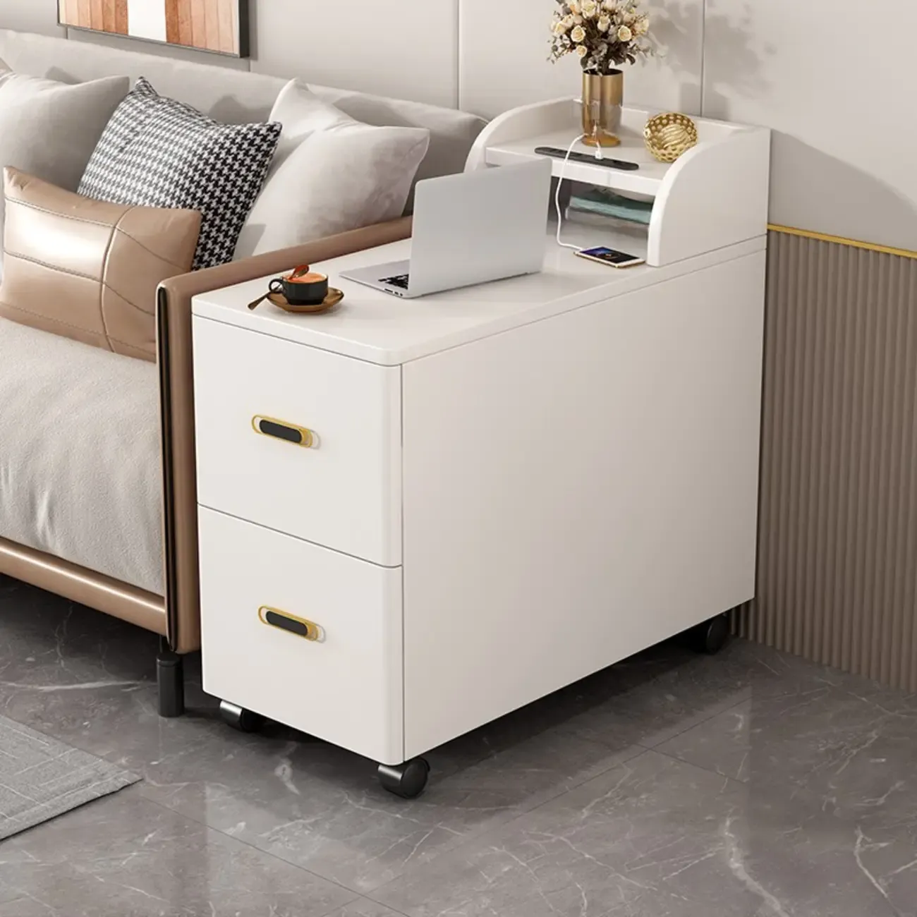 Narrow Rolling White 2-Drawer End Table with USB Charge Image - 4