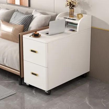 Narrow Rolling White 2-Drawer End Table with USB Charge Image - 4