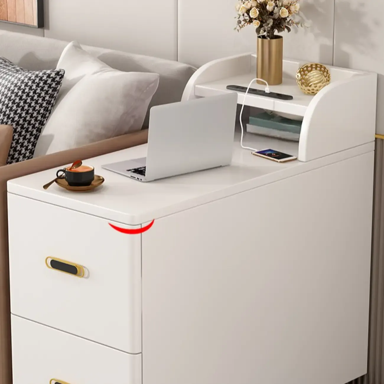 Narrow Rolling White 2-Drawer End Table with USB Charge Image - 7