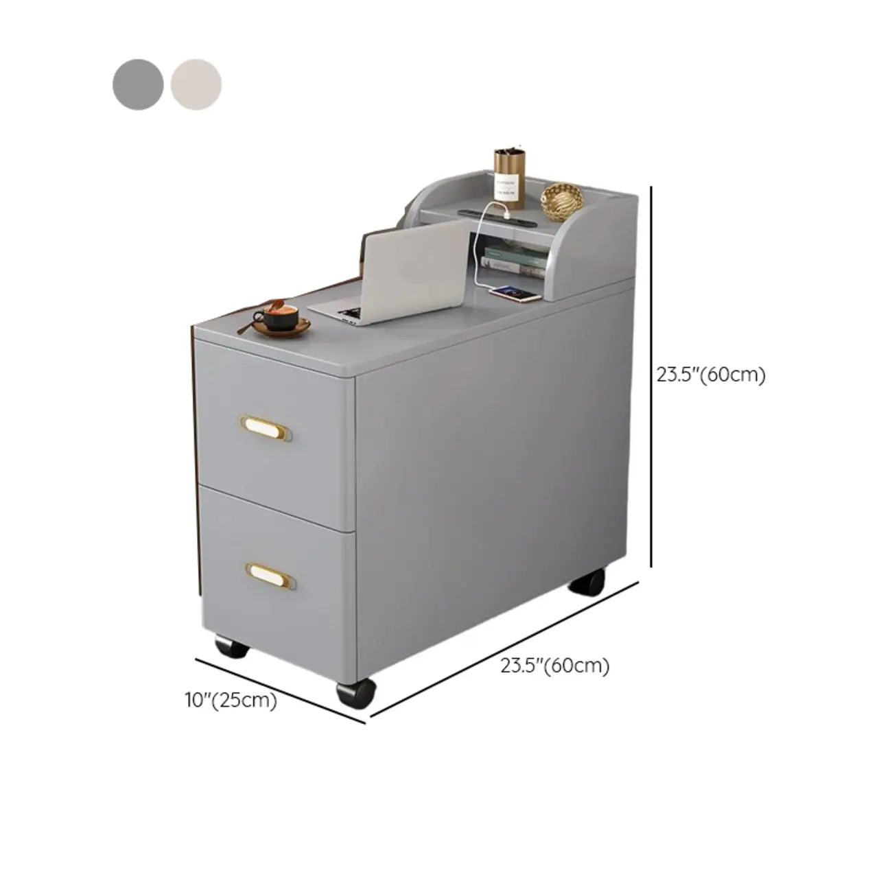 Narrow Rolling White 2-Drawer End Table with USB Charge #size | homeyfad