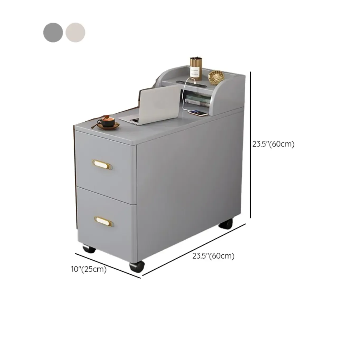 Narrow Rolling White 2-Drawer End Table with USB Charge #size