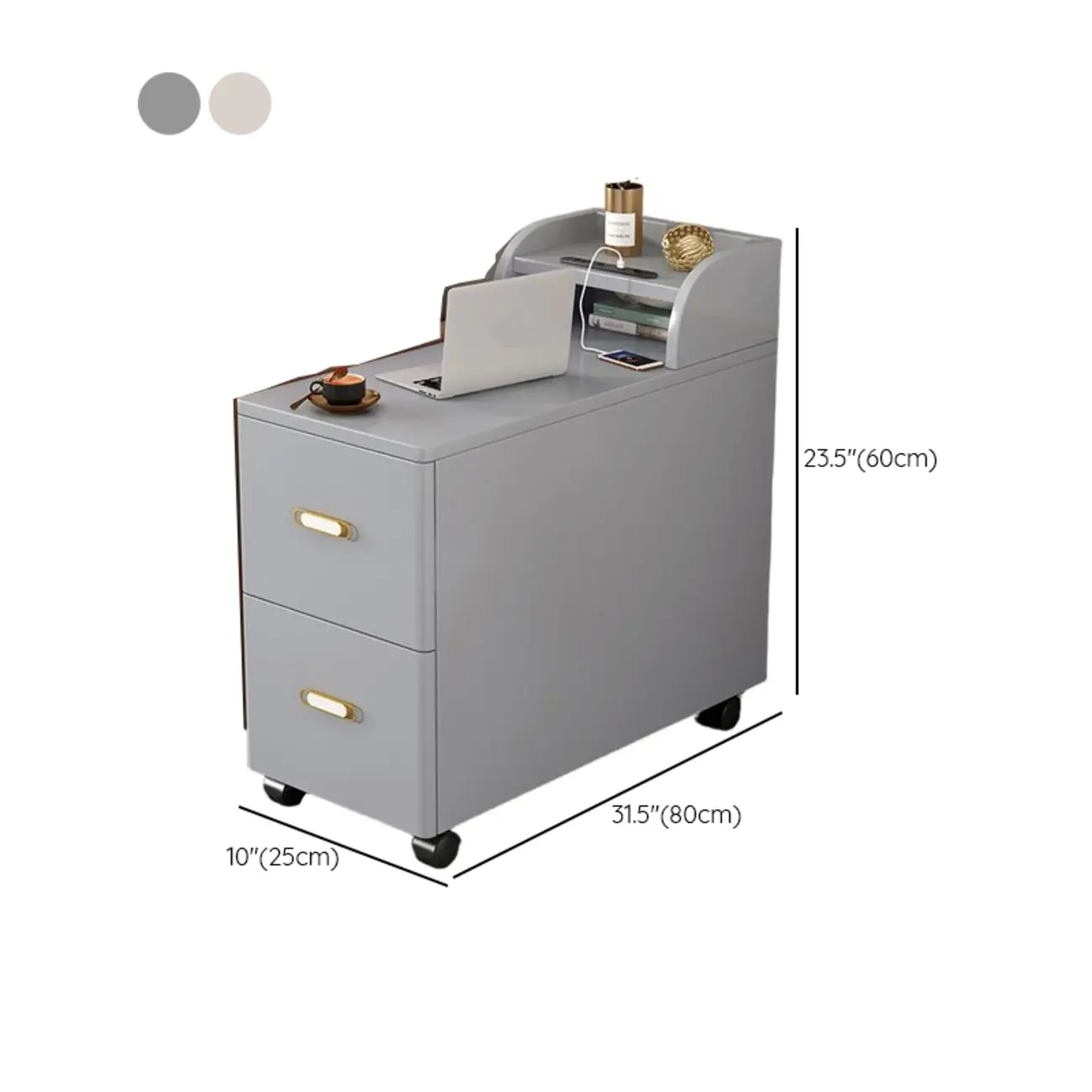 Narrow Rolling White 2-Drawer End Table with USB Charge Image - 9 | homeyfad