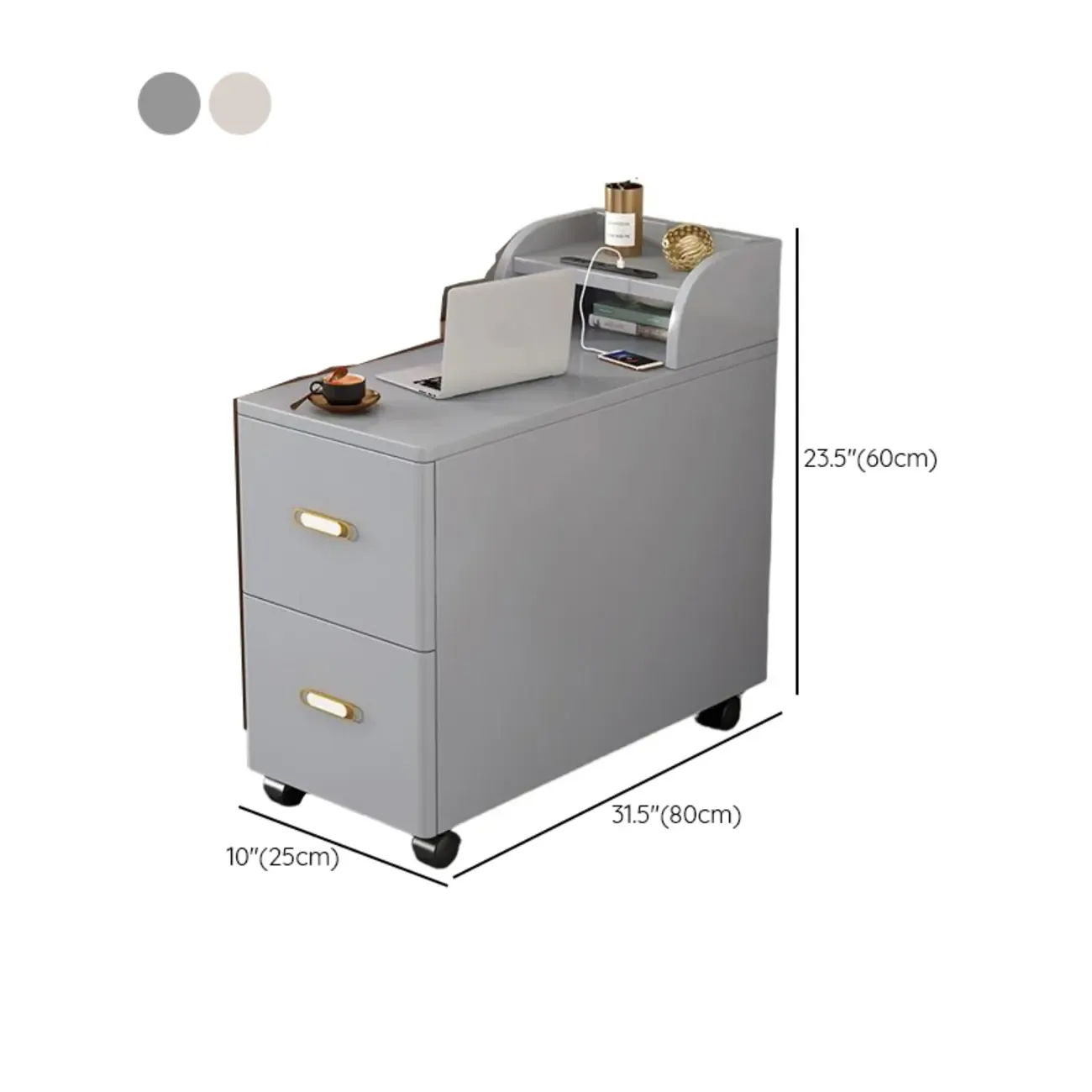 Narrow Rolling White 2-Drawer End Table with USB Charge Image - 9