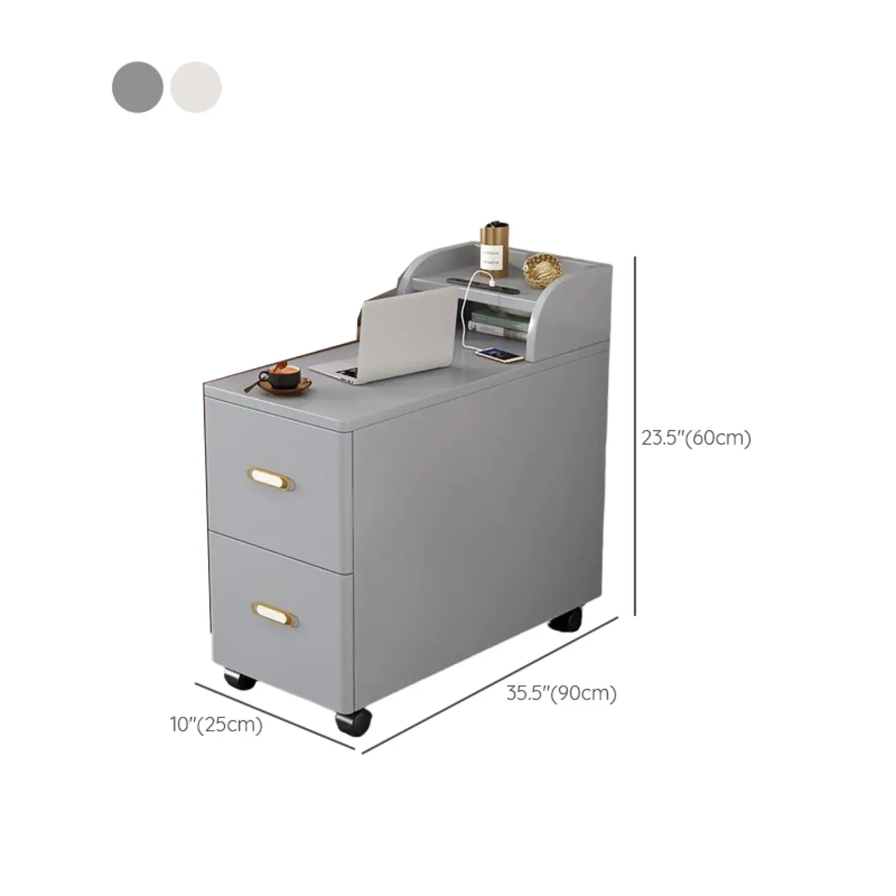 Narrow Rolling White 2-Drawer End Table with USB Charge Image - 10 | homeyfad