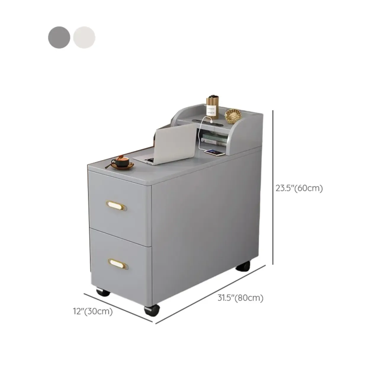 Narrow Rolling White 2-Drawer End Table with USB Charge Image - 11