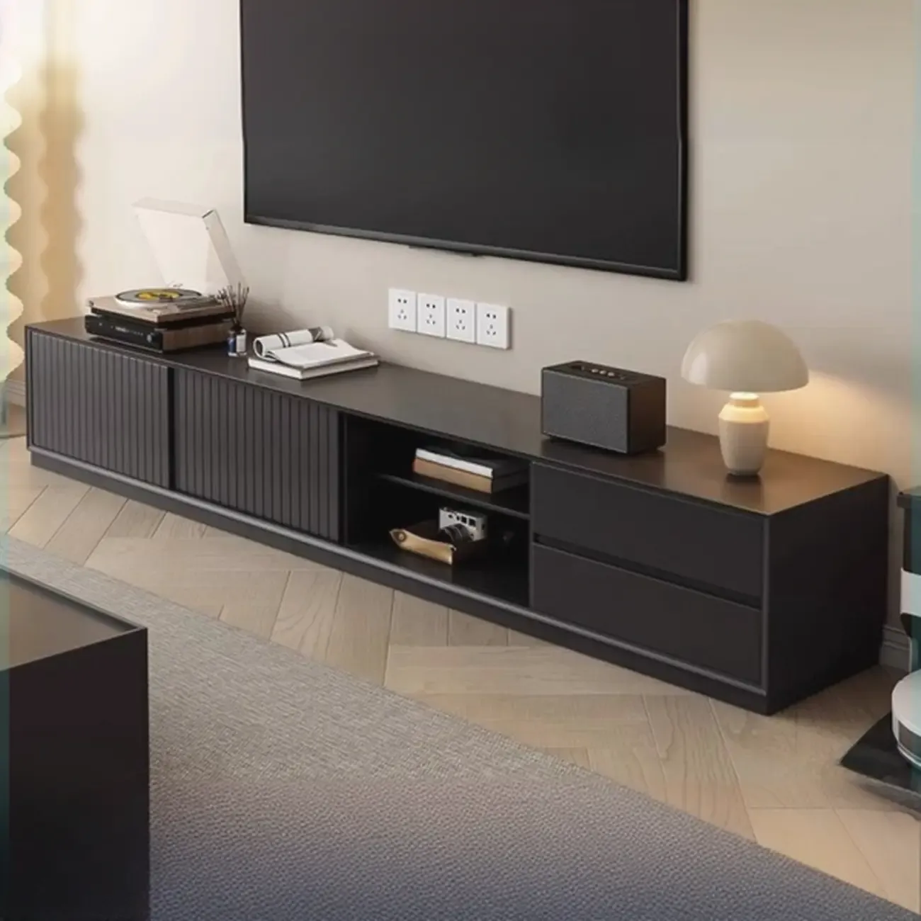 Minimalist Black Wood TV Stand with 2 Drawers Image - 2