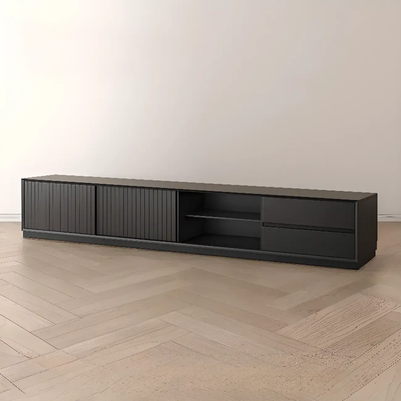 Minimalist 2-Drawer Black Wood TV Stand Sliding Doors | HomeyFad