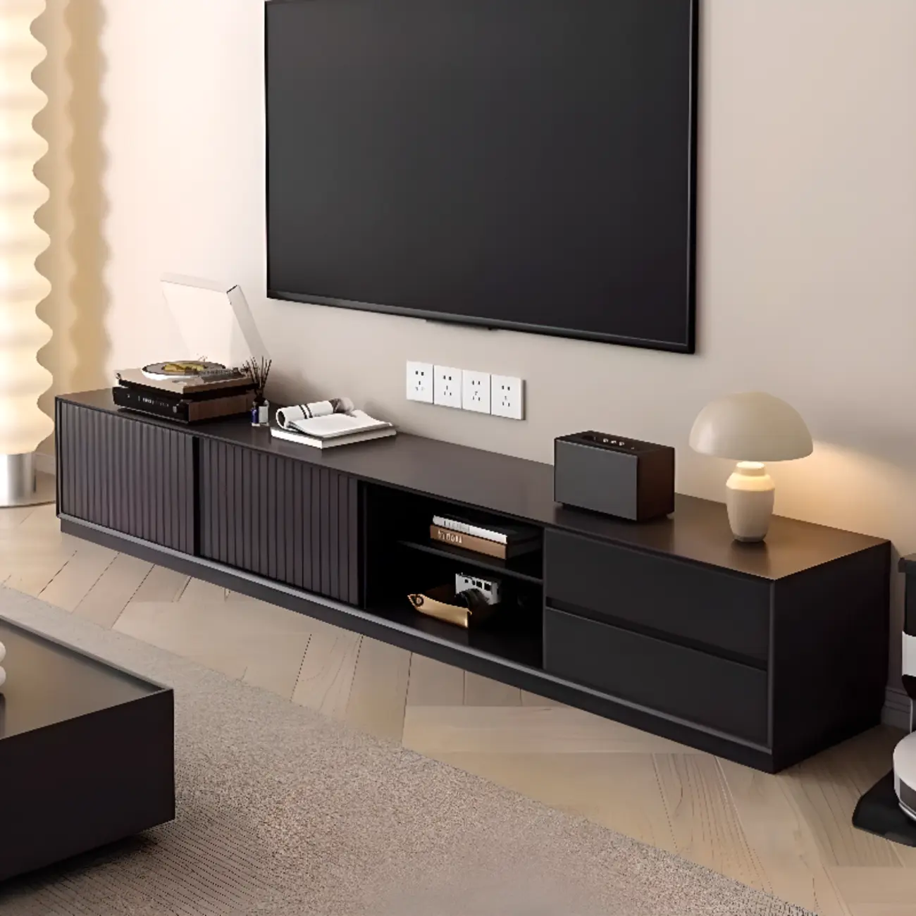 Minimalist Black Wood TV Stand with 2 Drawers Image - 1 | homeyfad