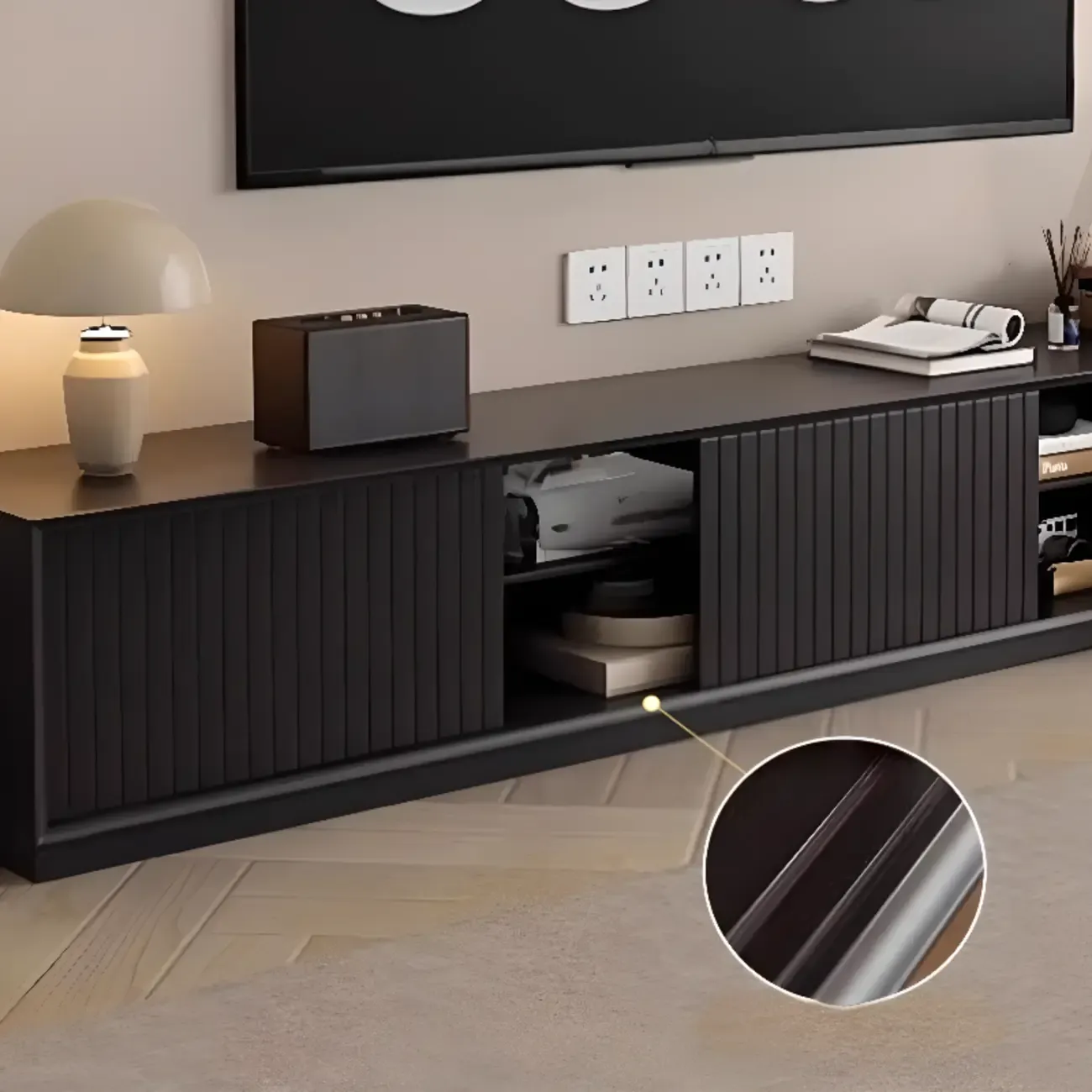 Minimalist Black Wood TV Stand with 2 Drawers Image - 6