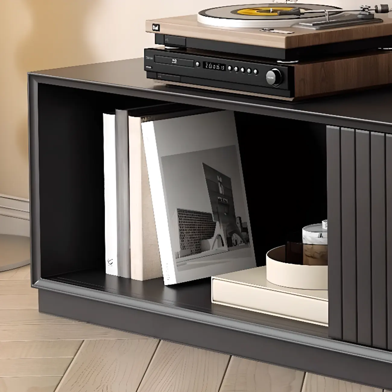 Minimalist Black Wood TV Stand with 2 Drawers Image - 7 | homeyfad