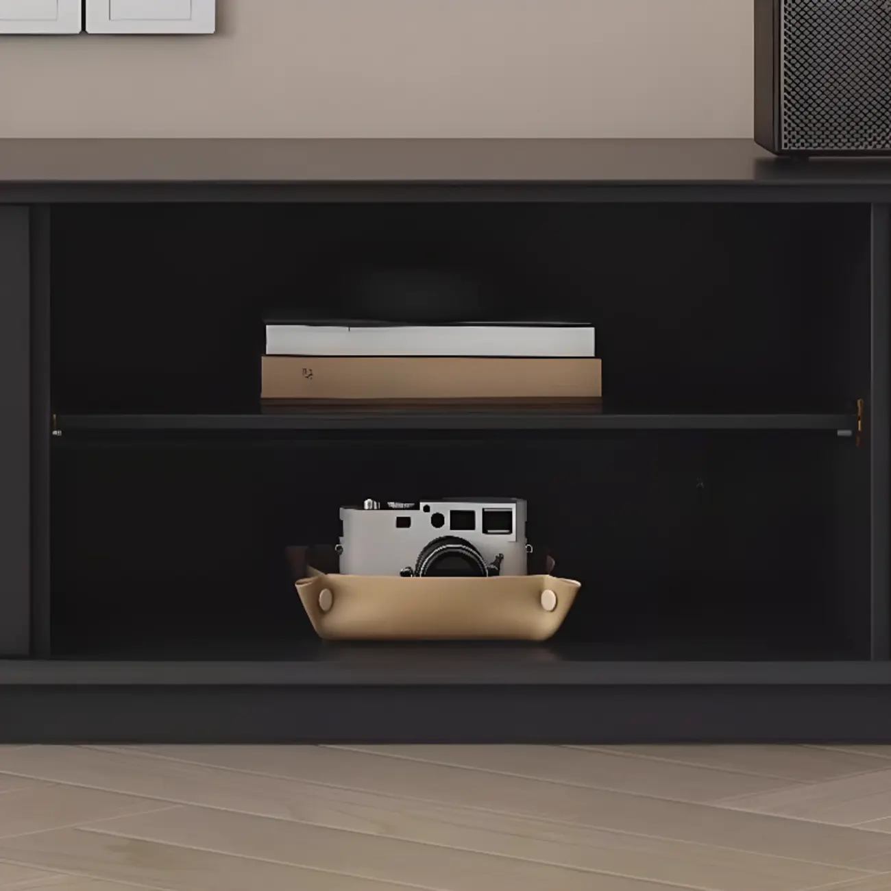 Minimalist Black Wood TV Stand with 2 Drawers Image - 8 | homeyfad