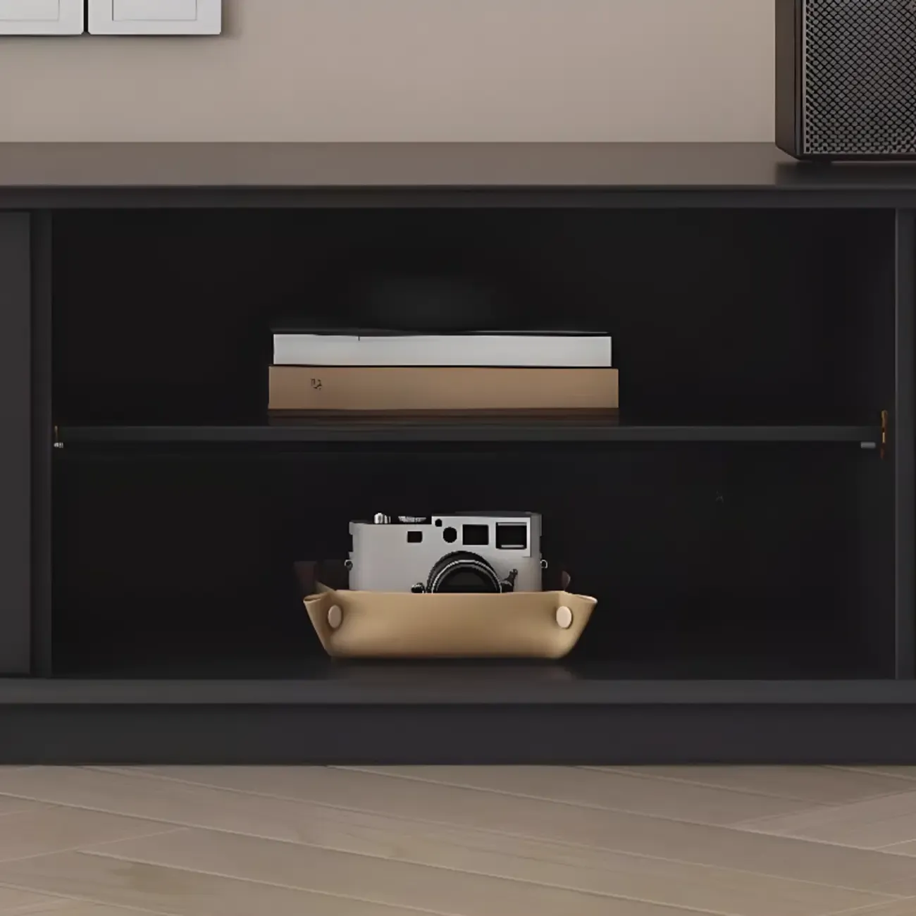 Minimalist Black Wood TV Stand with 2 Drawers Image - 8