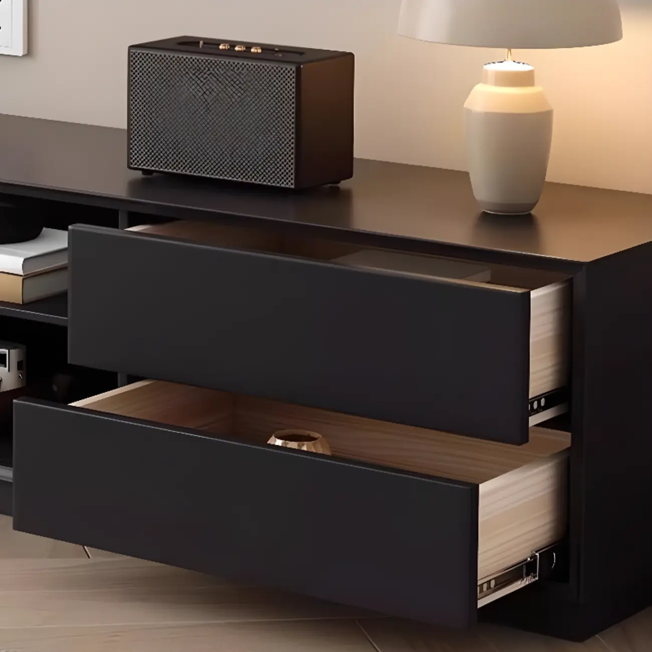Minimalist Black Wood TV Stand with 2 Drawers Image - 9 | homeyfad