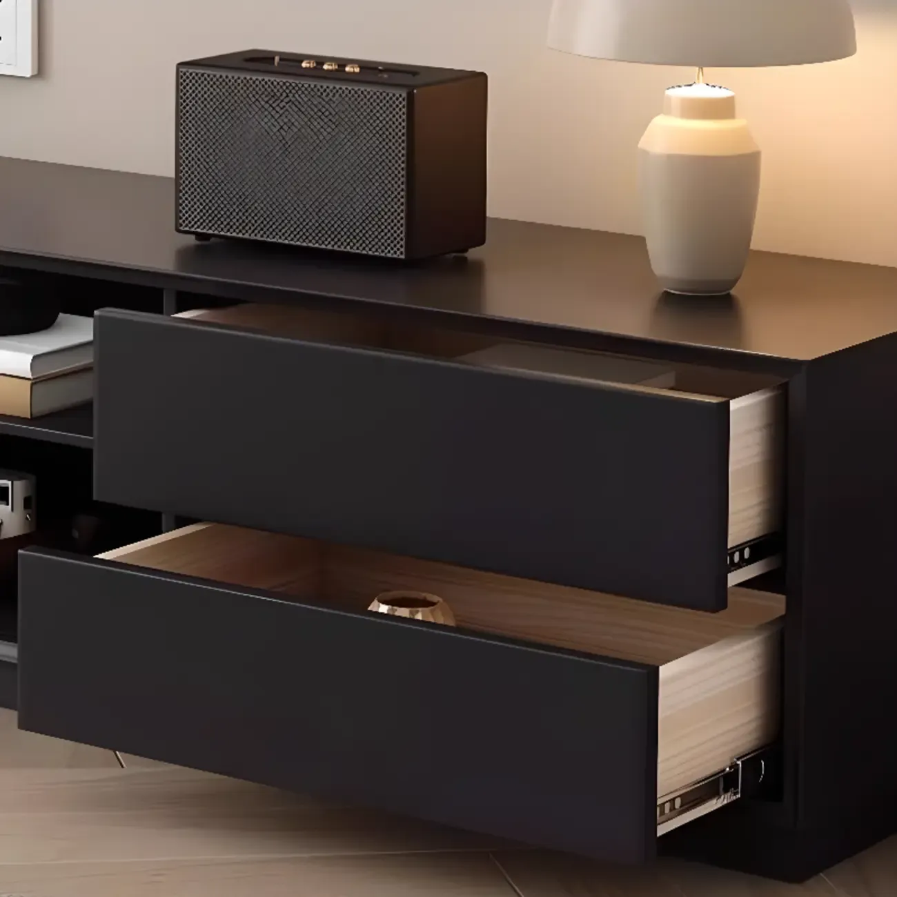 Minimalist Black Wood TV Stand with 2 Drawers Image - 9