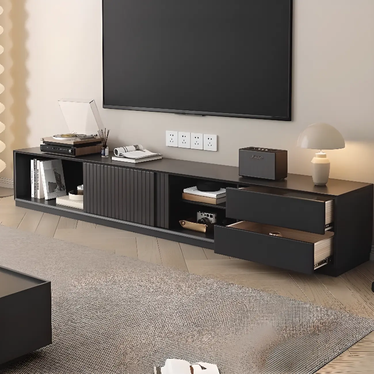 Minimalist Black Wood TV Stand with 2 Drawers Image - 3 | homeyfad