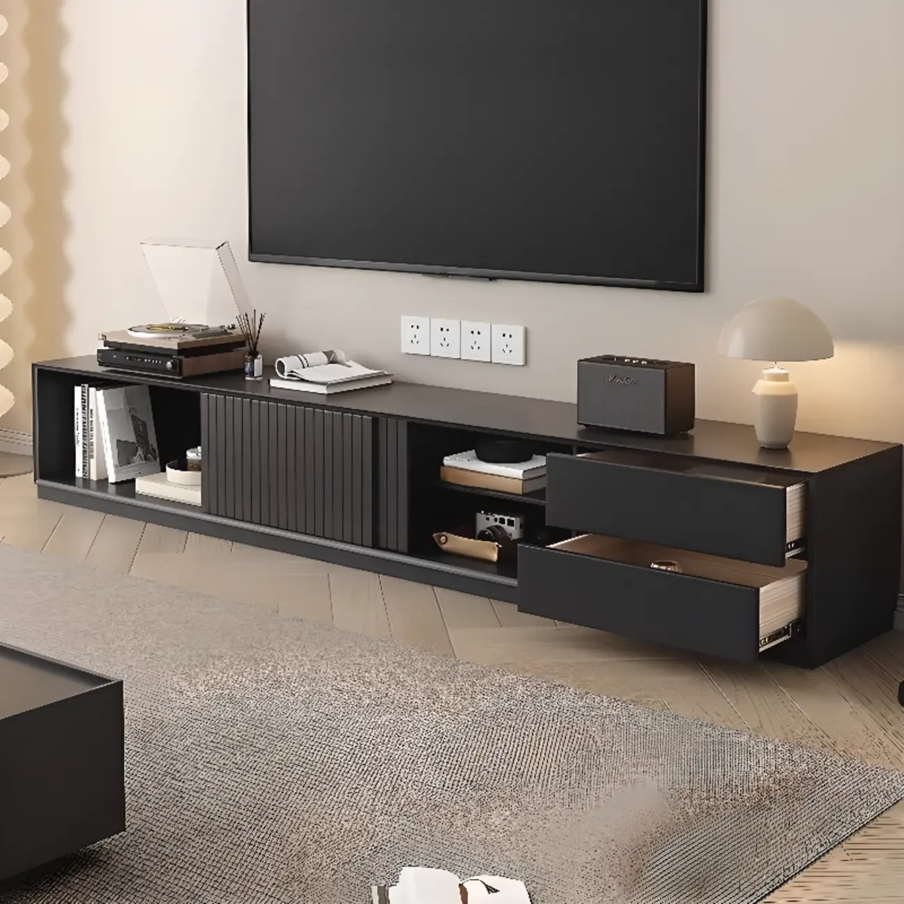 Minimalist Black Wood TV Stand with 2 Drawers Image - 3