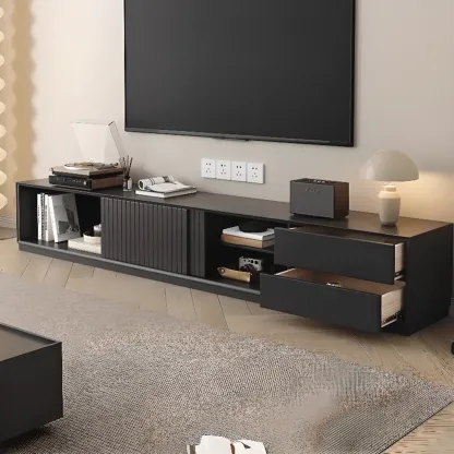 Minimalist Black Wood TV Stand with 2 Drawers Image - 3