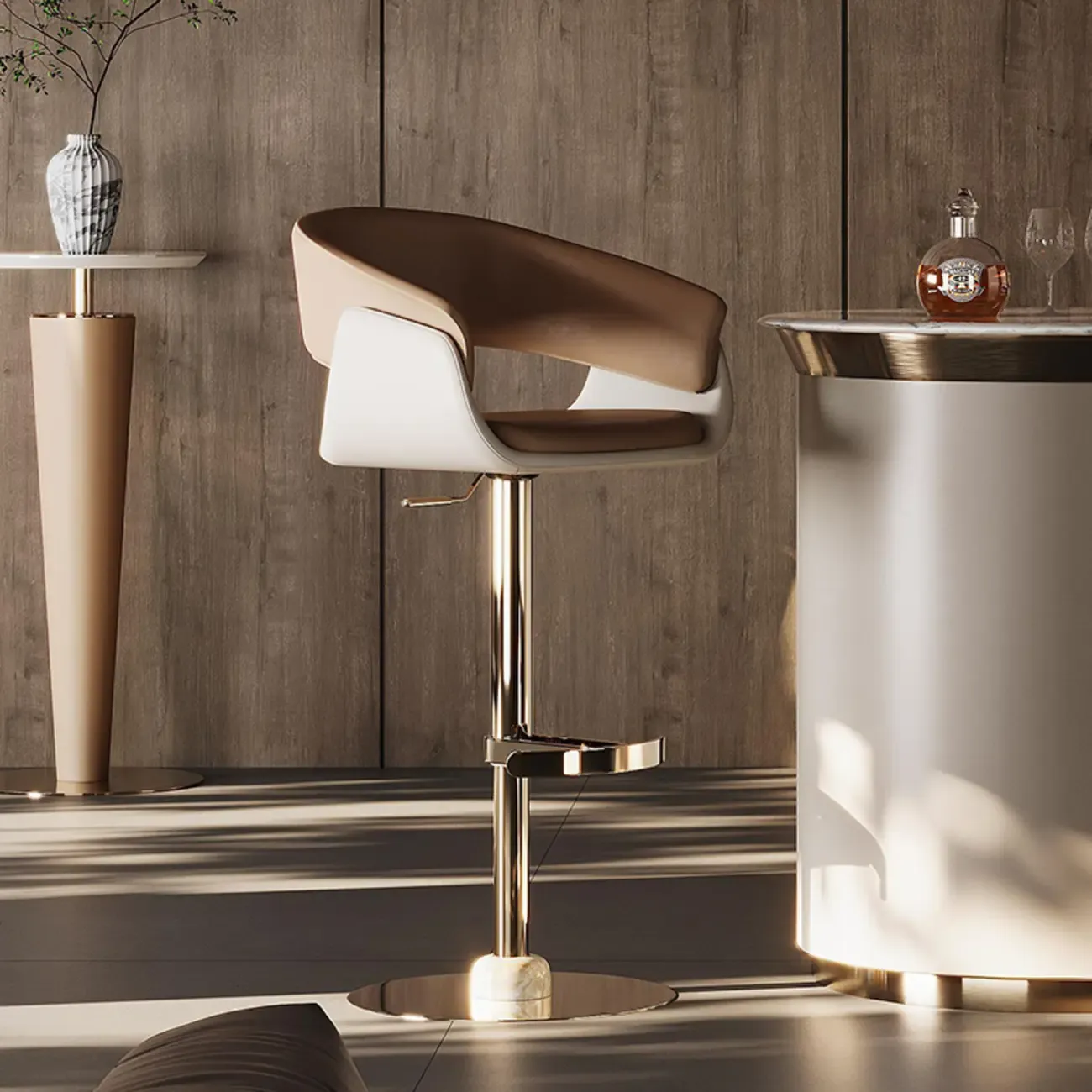 Adjustable Brown Leather Bucket Swivel Counter Bar Stools Image - 3