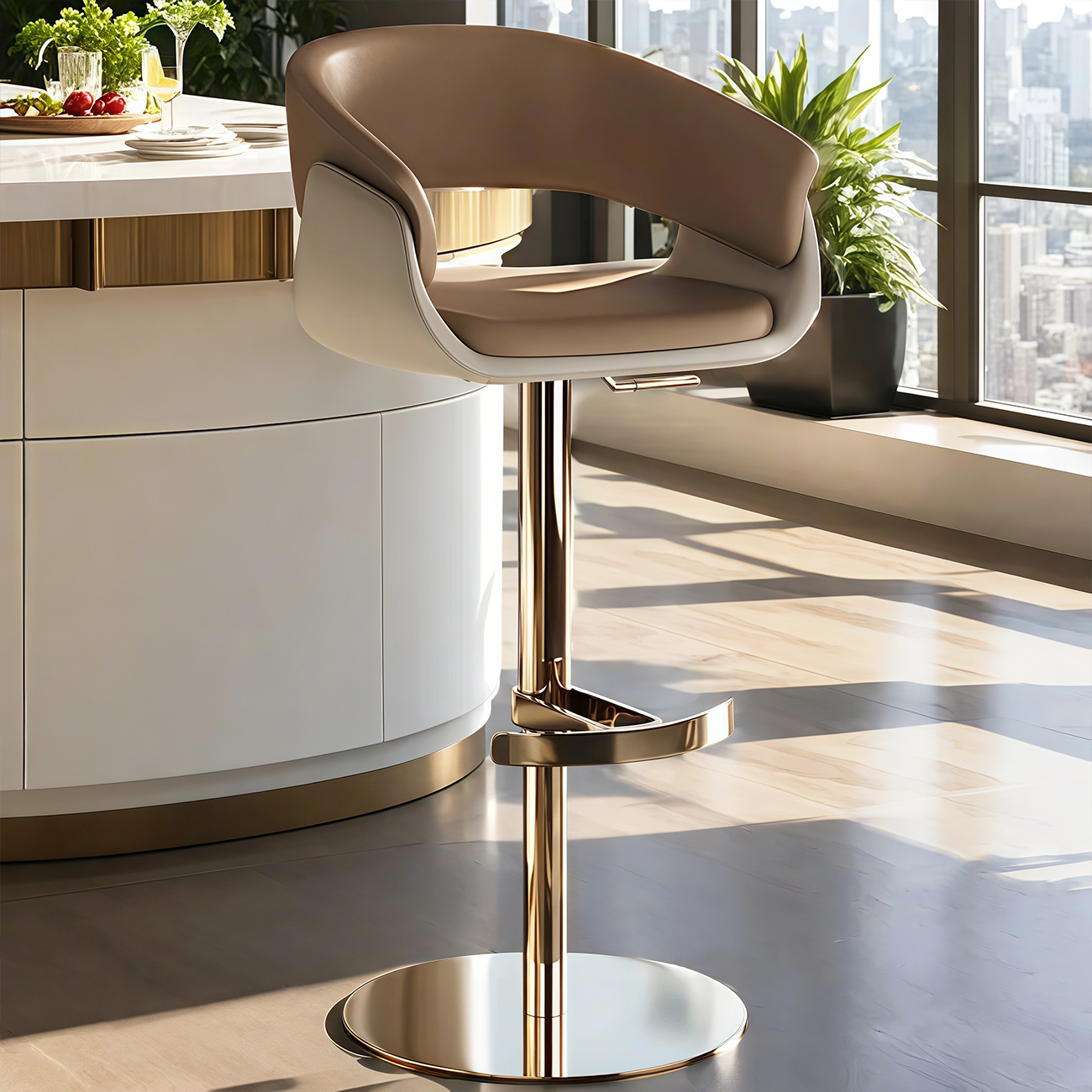 Brown Swivel Genuine Leather Counter Stools with Backs
