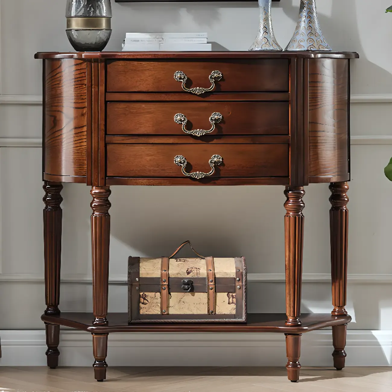 Elegant Brown Half Round Wood Console Table with Drawers Image - 1