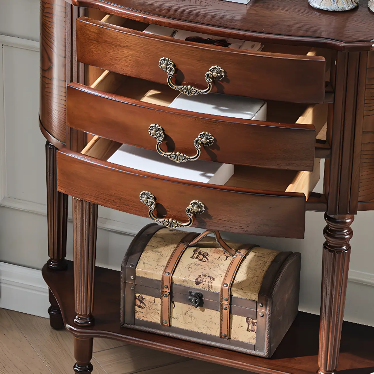 Elegant Brown Half Round Wood Console Table with Drawers Image - 3 | homeyfad